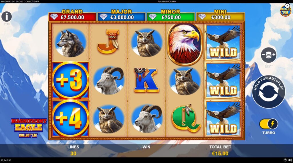 Main game interface of Magnificent Eagle: Collect'Em slot, showing reels, wildlife symbols, control panel, and jackpot displays.