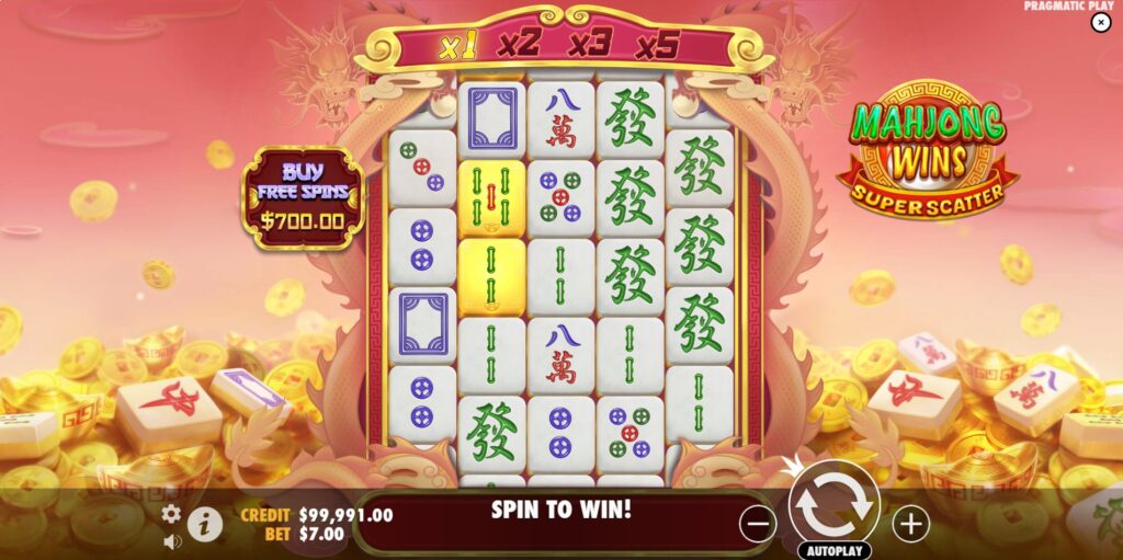 Mahjong Wins Super Scatter slot base game screen by Pragmatic Play showing 5x5 grid, Mahjong tile symbols, and initial x1 multiplier.