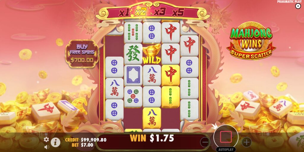 Tumble feature in action in Mahjong Wins Super Scatter slot, showing winning symbols removed and the win multiplier increased above the reels.
