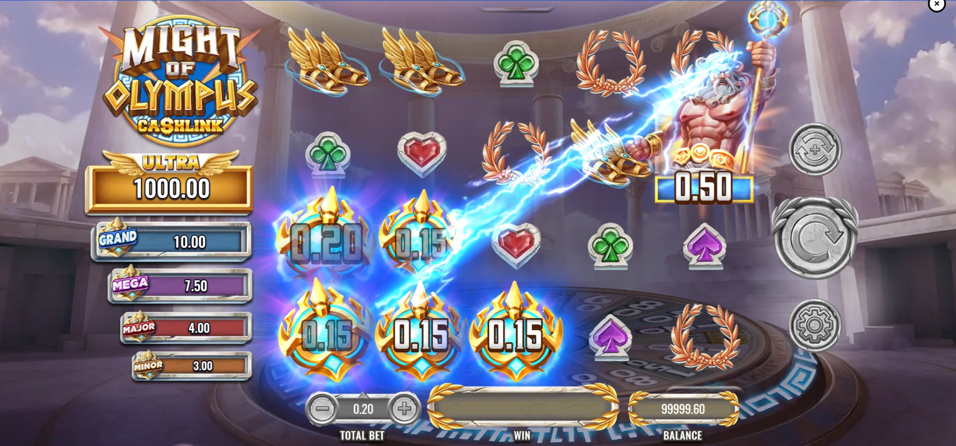 Zeus Collect symbol on reel 5 activating the Ca$hLink feature in Might of Olympus, gathering cash and jackpot values from Coin Scatters.