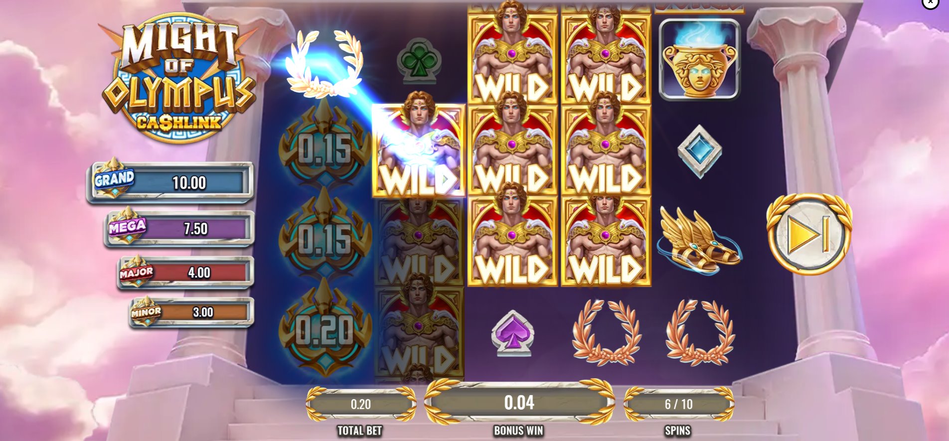 Gameplay during the Might of Olympus Free Spins round, featuring stacked Apollo Wild symbols and the remaining spins counter.