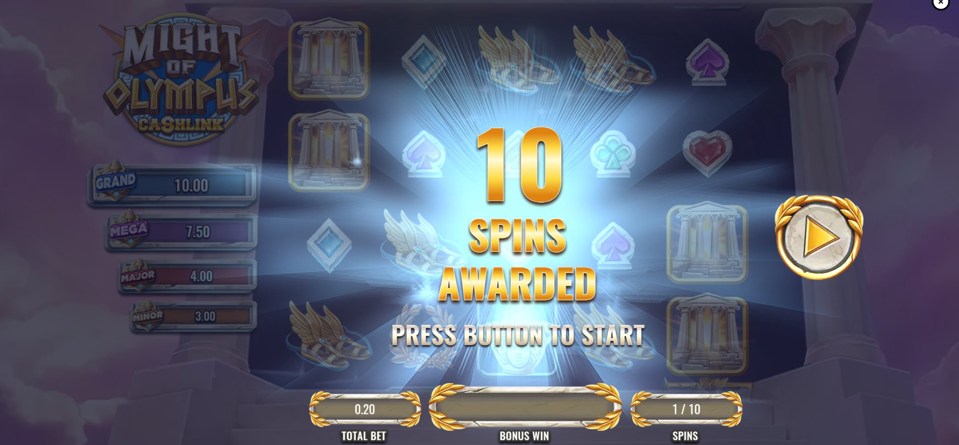 Three Athena Bonus Scatter symbols triggering the 10 Free Spins feature in the Might of Olympus slot.