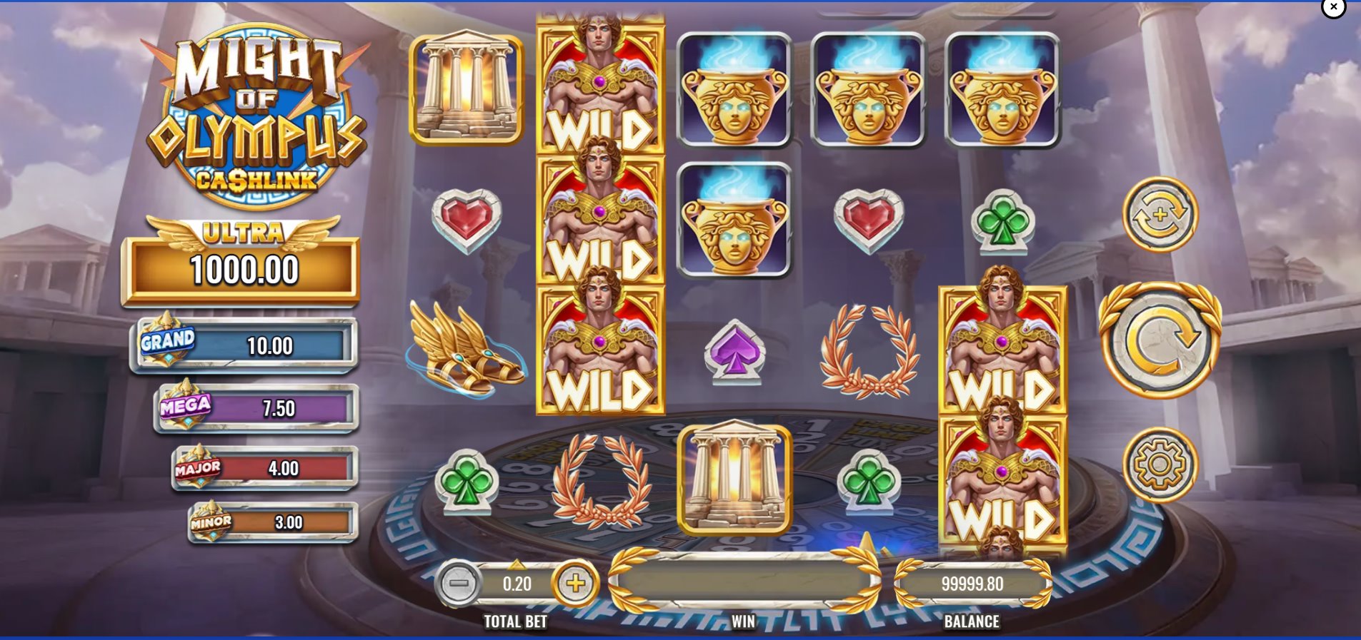Main gameplay interface of Might of Olympus slot showing the 5x4 reel layout, symbols, bet controls, and current fixed jackpot values.