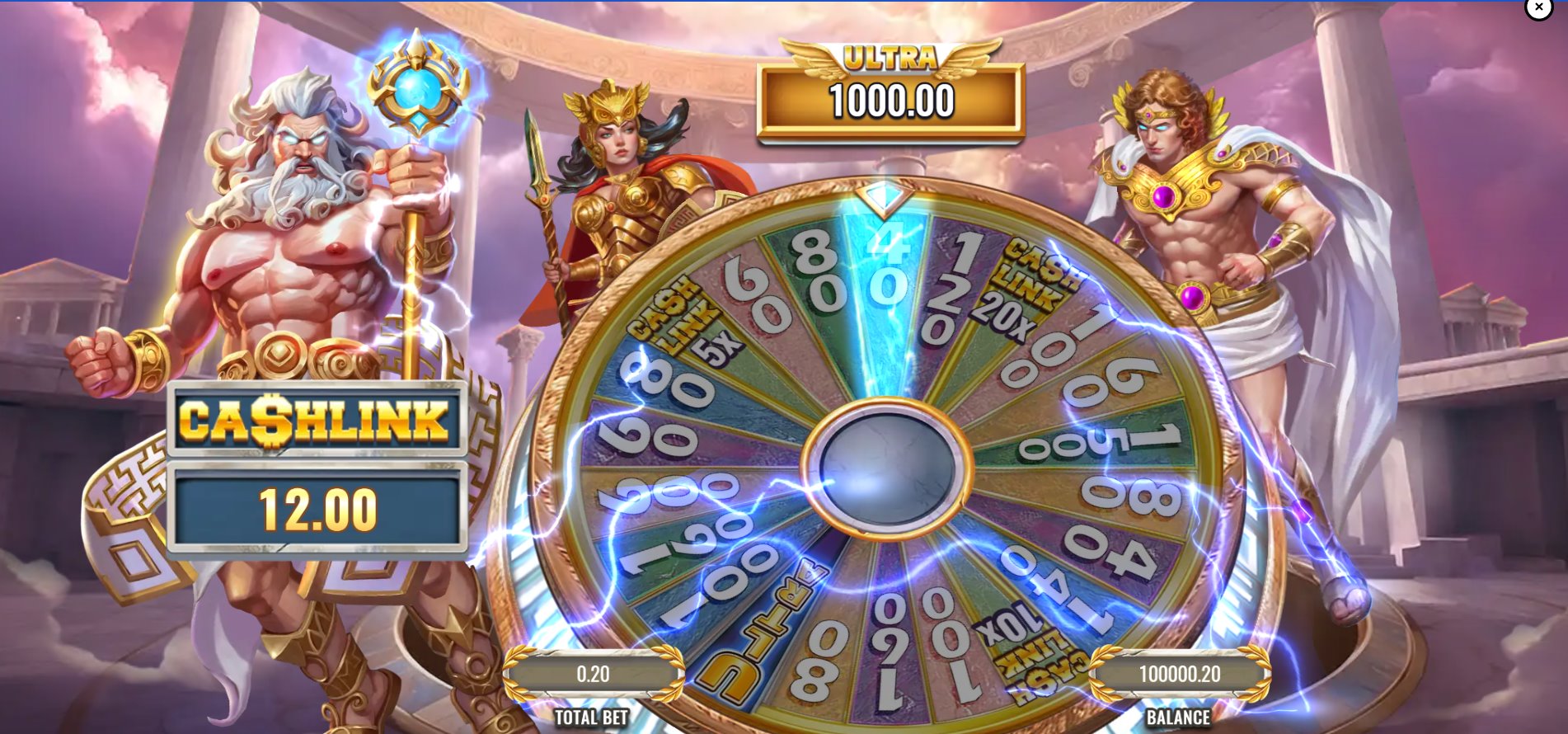 The Might of Olympus Wheel Bonus active with multiple pointers, showcasing prize segments, Cash Link multipliers, and the Ultra Prize option.