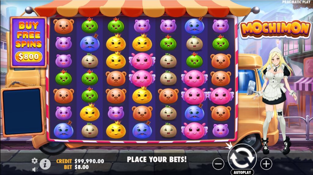 Mochimon slot base game view showing the 7x7 grid and anime character