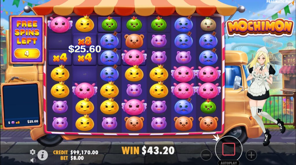 The Free Spins bonus round interface in the Mochimon slot game