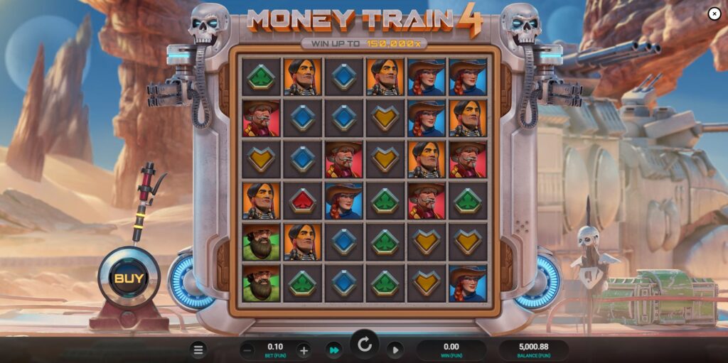 Money Train 4 slot base game with 6x6 grid, character symbols, and futuristic train backdrop.
