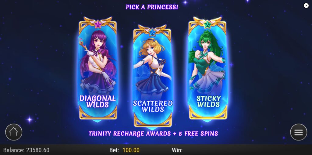 Player choosing between Star, Nova, or Astra for the Free Spins round in Moon Princess Stargazing slot.