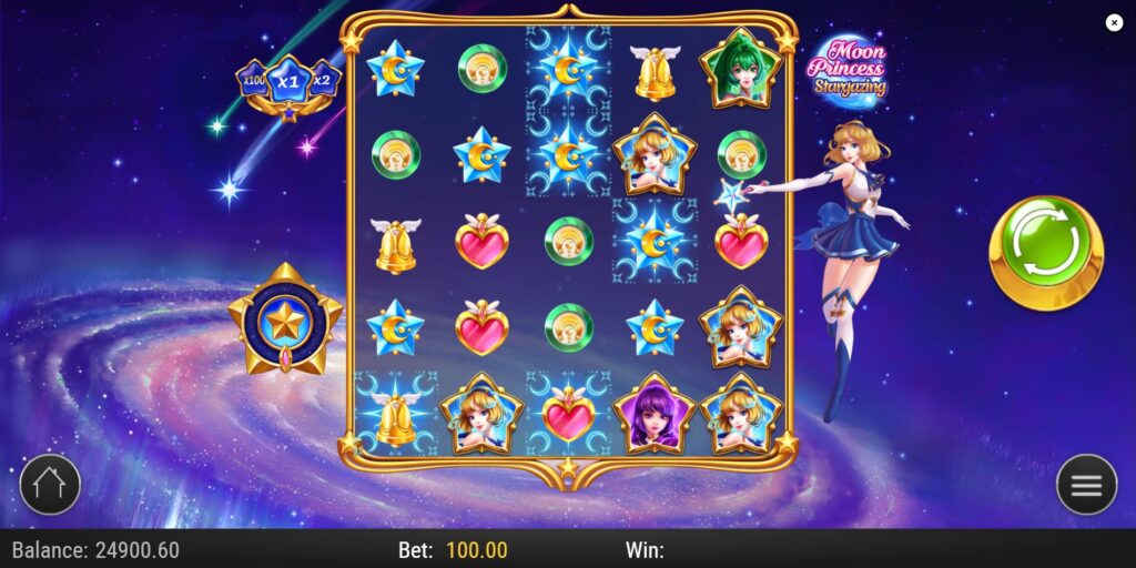 Moon Princess Stargazing slot main game screen with 5x5 grid, Astra princess, and Resonance meter.