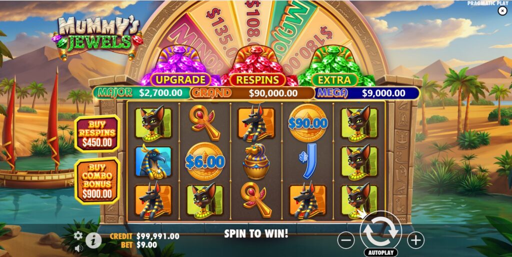 Mummy's Jewels slot main game screen with 5x3 reels and Egyptian symbols.