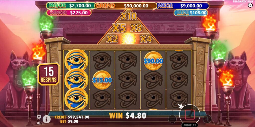 Mummy's Jewels Respins feature with Collect symbols on reel 1 and Money symbols with multipliers.