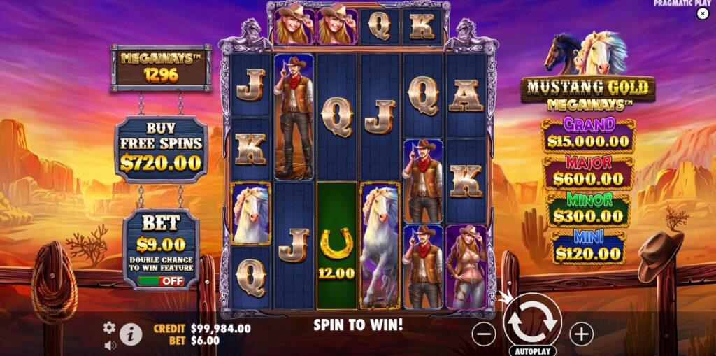 Mustang Gold Megaways slot main game screen with Megaways active.