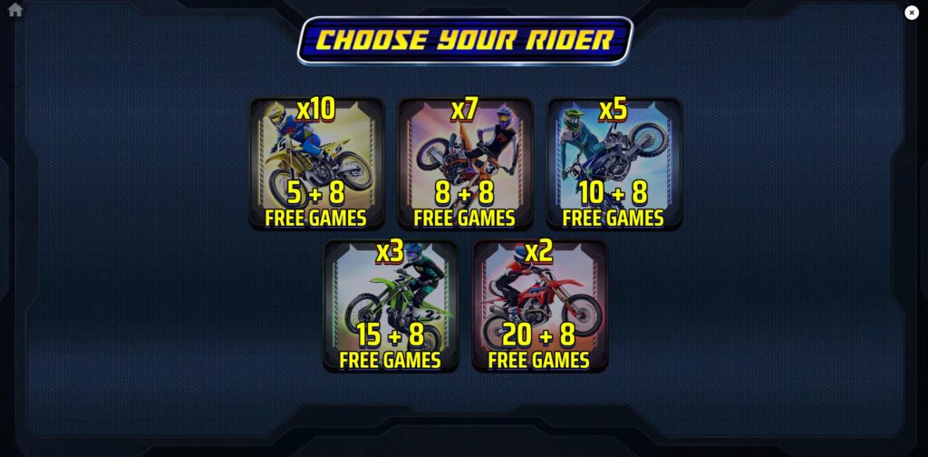 MX Mania slot Choose Your Rider screen for Free Games bonus