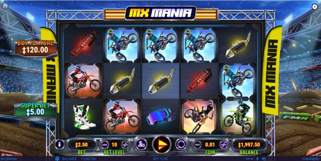 MX Mania slot main game screen with 5x3 reels and motocross symbols