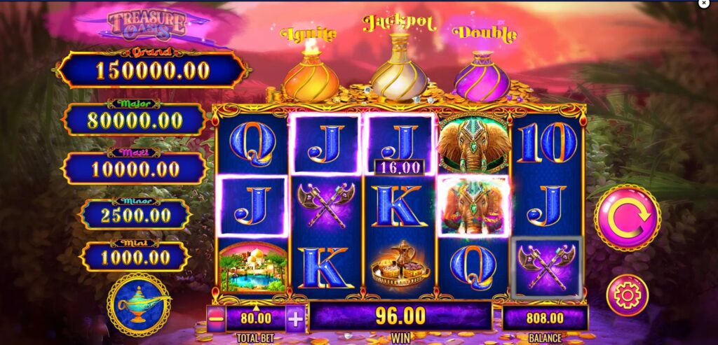 Elephant Wild symbol creating a win in Mystery of the Lamp Treasure Oasis slot.