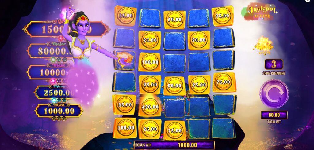 Hold & Win bonus round in Mystery of the Lamp Treasure Oasis with active Jackpot and Ignite features.