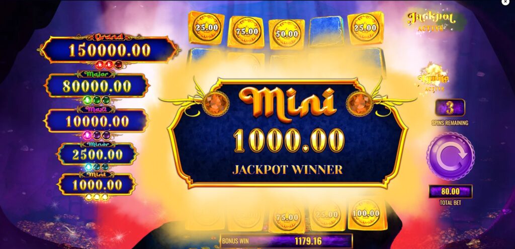 A significant jackpot win screen in the Mystery of the Lamp Treasure Oasis slot game.