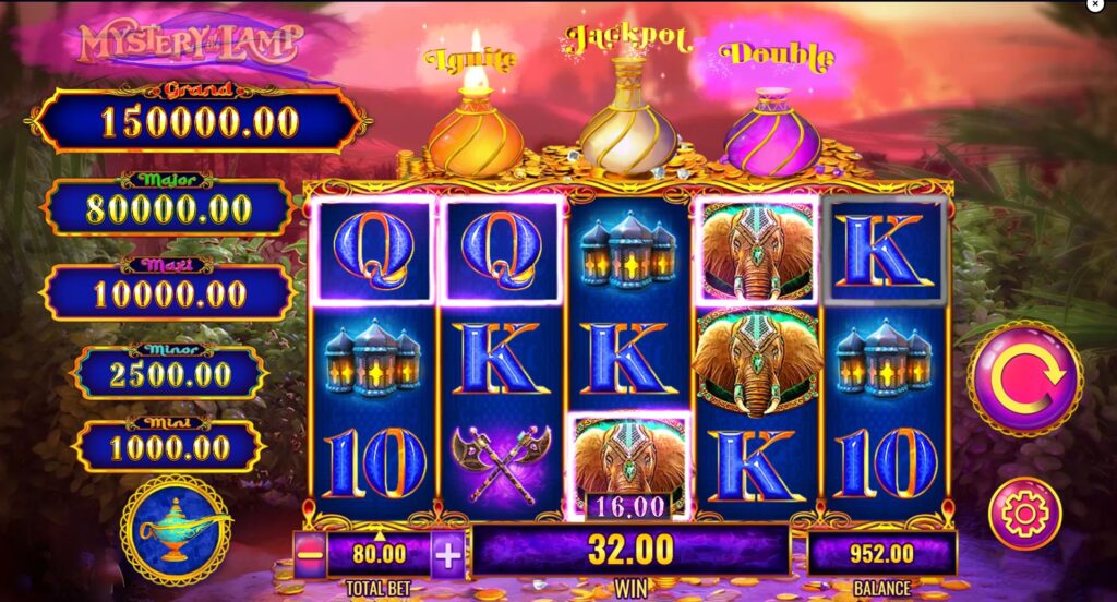 Mystery of the Lamp Treasure Oasis slot base game with 5x3 reels and collection jars above.