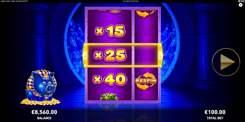 Squeak's Prize Reel bonus feature spinning to award a prize in Oink Oink Oink: Pharaohs slot.