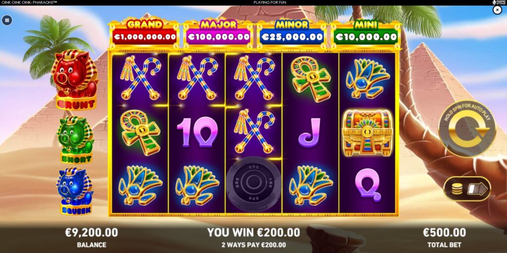 Oink Oink Oink: Pharaohs slot main game interface displaying the 5x3 reel grid and symbols.