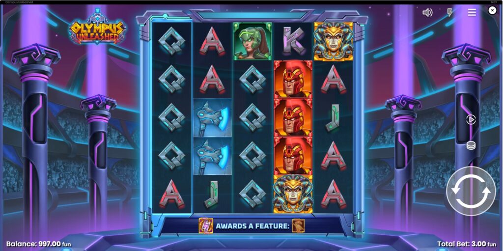 Olympus Unleashed slot base game screen with 5x5 reel layout by Push Gaming