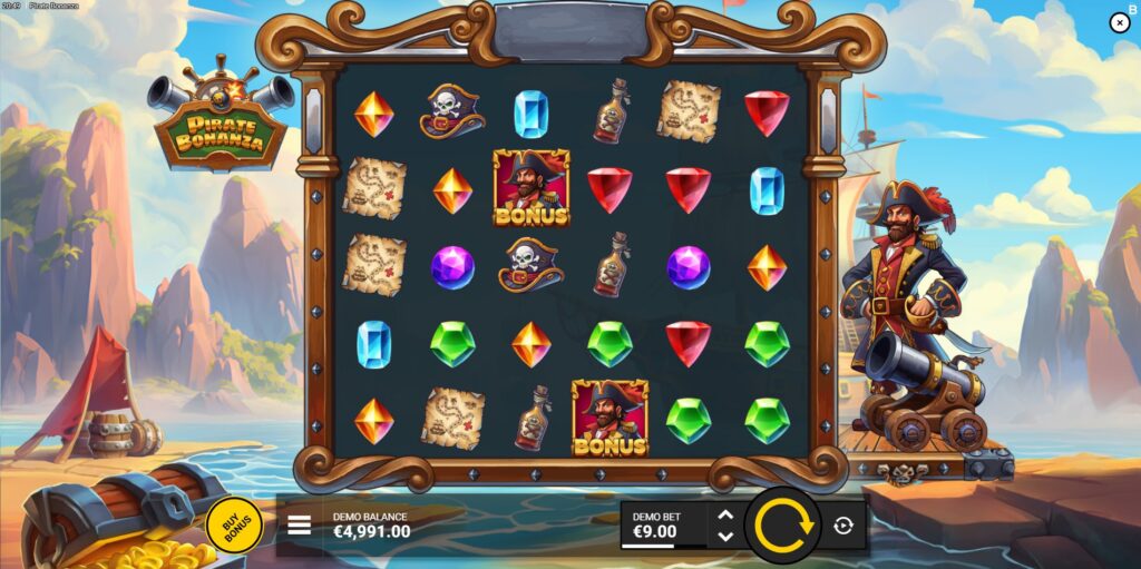 Pirate Bonanza slot base game screen with 6x5 grid and pirate captain.