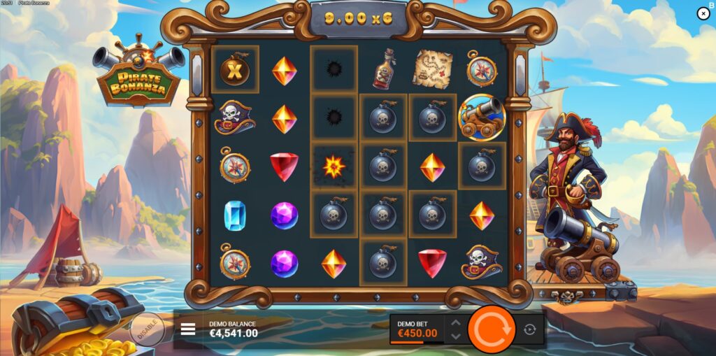 Pirate Bonanza's Cannon Feature in action with multiplier bombs on highlighted squares