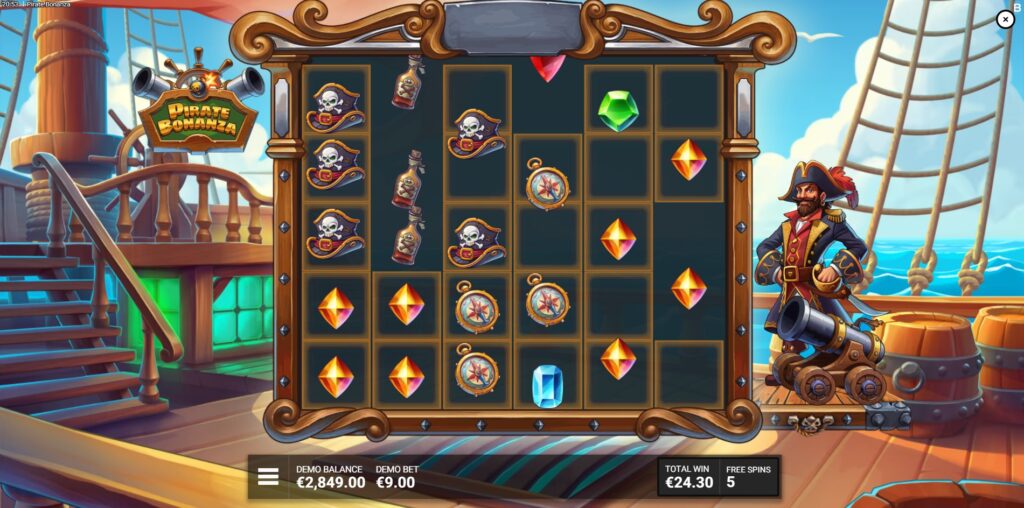 Gameplay during Fire At Will free spins in Pirate Bonanza showing persistent highlighted squares.