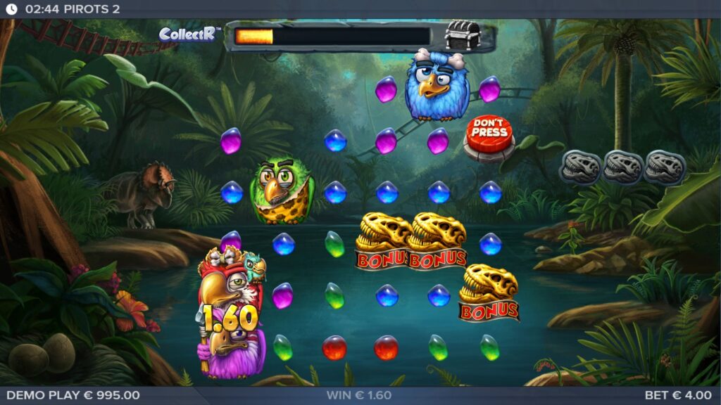 Pirots 2 slot base game with 6x6 grid and bird collectors by ELK Studios.