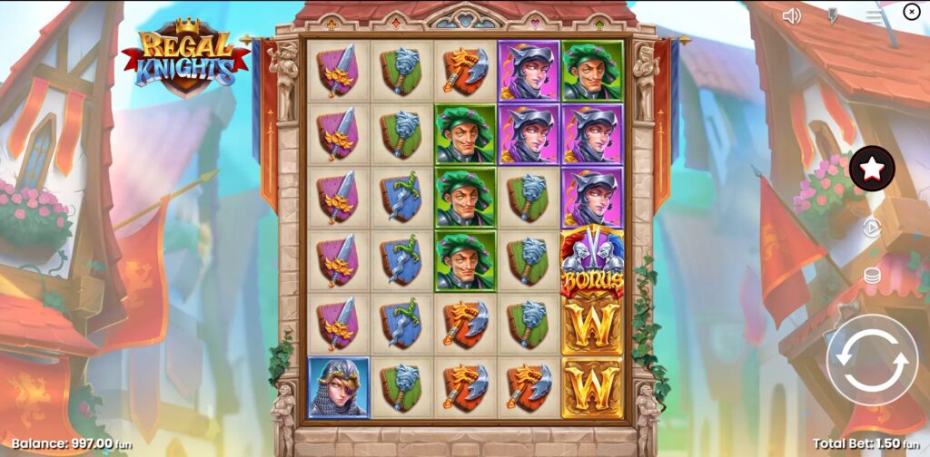 Regal Knights slot base game interface with 5x6 reels and medieval symbols.