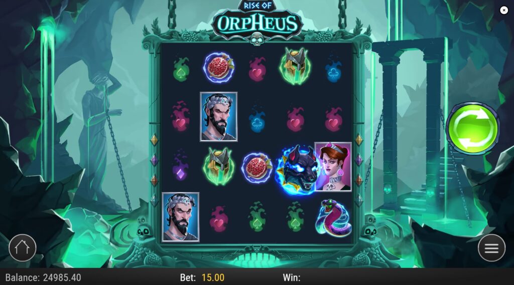 Rise of Orpheus slot base game screen with symbols on 5x4 grid in the Underworld setting.
