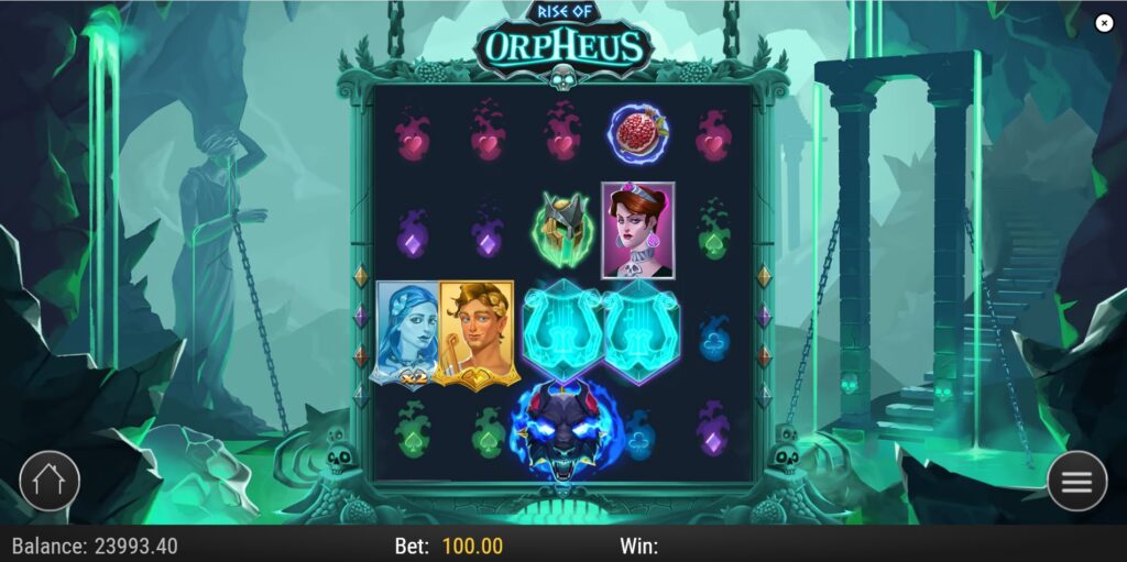 Rise of Orpheus slot displaying the Reunion Feature with Orpheus and Eurydice symbols on the reels.