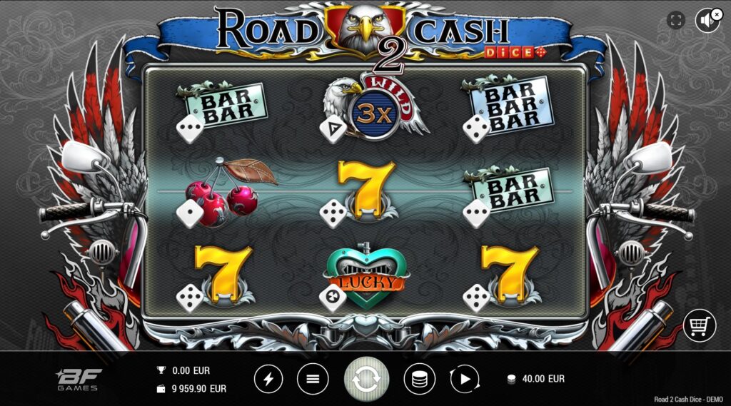 Road 2 Cash Dice slot main game screen with 3x3 reels and biker theme