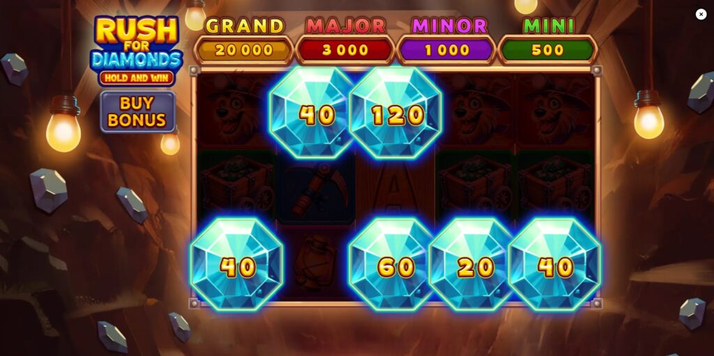 Six Diamond symbols appearing on the reels to trigger the Diamond Respin Game in Rush For Diamonds.