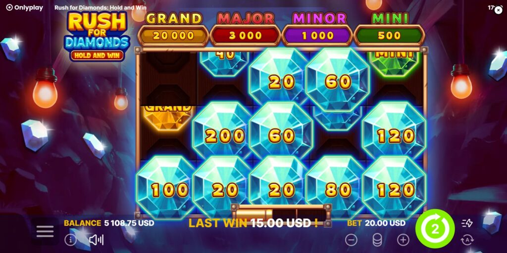 Rush For Diamonds Diamond Respin bonus game in action with sticky Diamond symbols and respins counter.