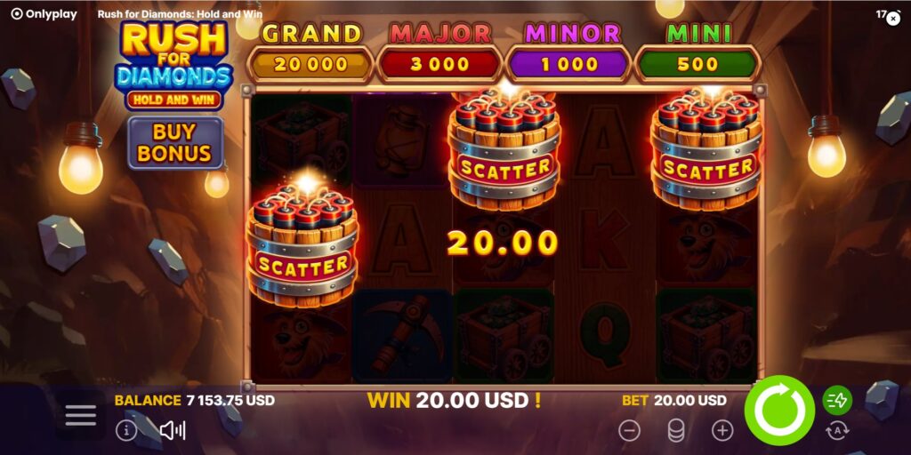 Three Scatter symbols triggering the Free Spins bonus round in Rush For Diamonds.