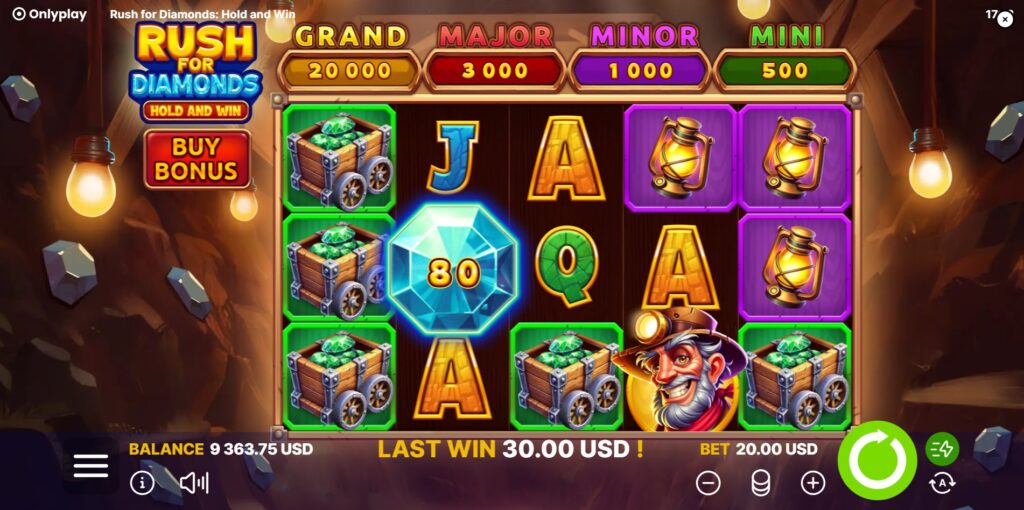 Rush For Diamonds slot main game interface with 5x3 reel layout and mining theme by Onlyplay.