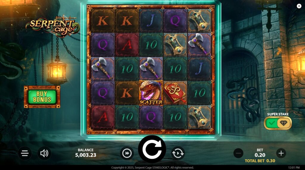 Serpent Cage slot base game interface with 5x5 reel layout.