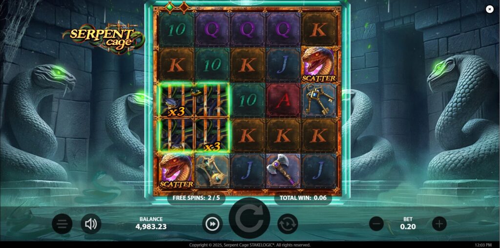 Serpent Cage Free Spins round with an expanded Roaming Wild symbol.