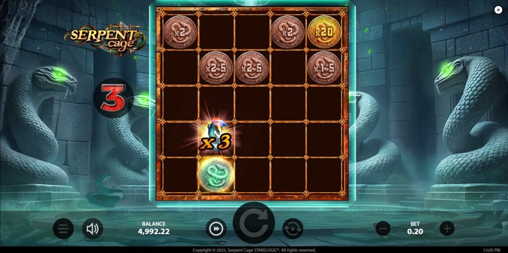 Serpent Cage Hold 'N' Win bonus round with coin symbols and a special modifier.
