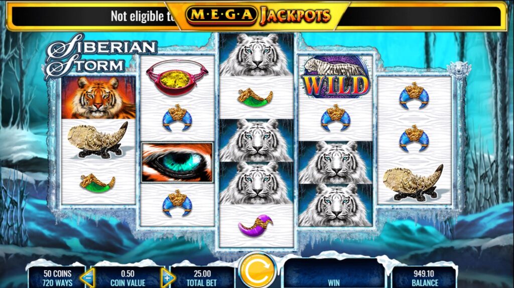 Siberian Storm Megajackpots slot base game with 3-4-5-4-3 reel layout and game symbols.