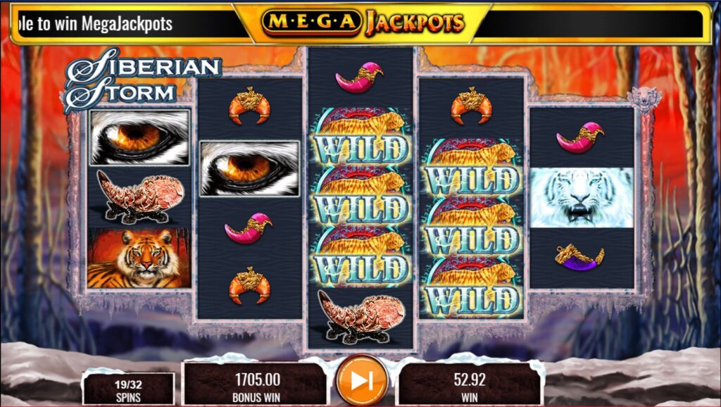Siberian Storm Megajackpots Free Spins bonus round active with Stacked Wilds on richer reels.