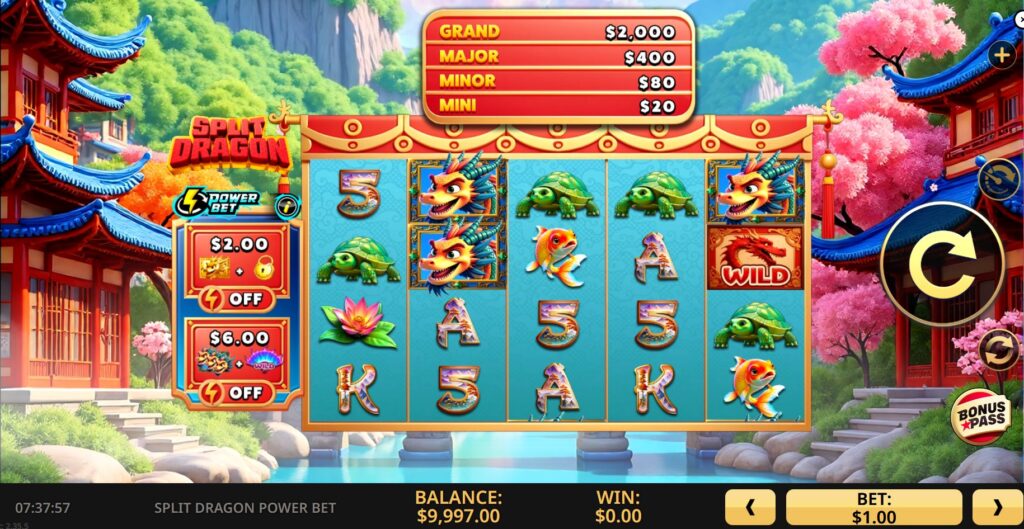 Base game layout of the Split Dragon Power Bet slot by High 5 Games showing reels, interface, and jackpot meters.