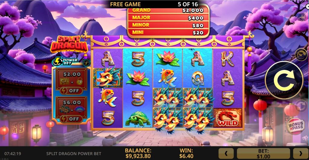 Split Dragon Power Bet Free Games round interface