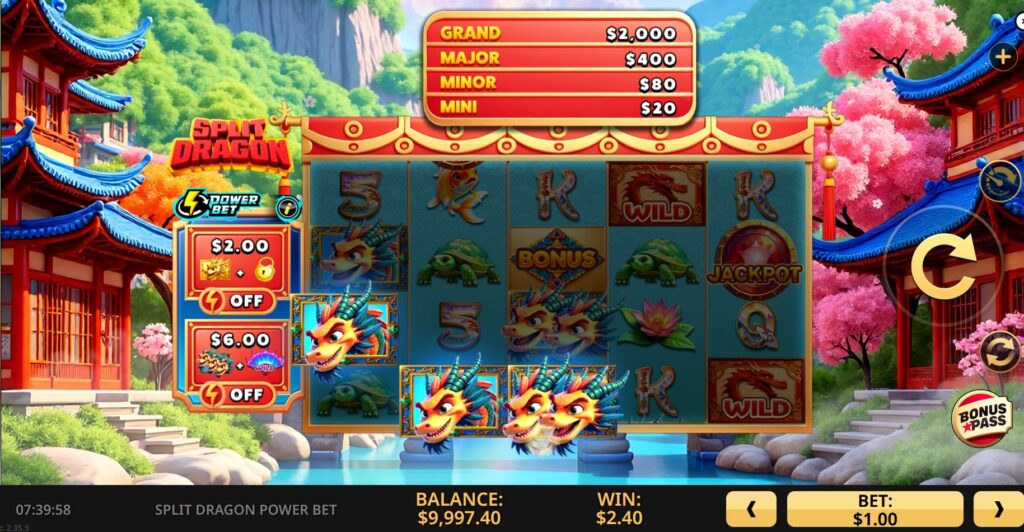 Example of a winning payline with Split Dragon symbols counting as multiple symbols in Split Dragon Power Bet.