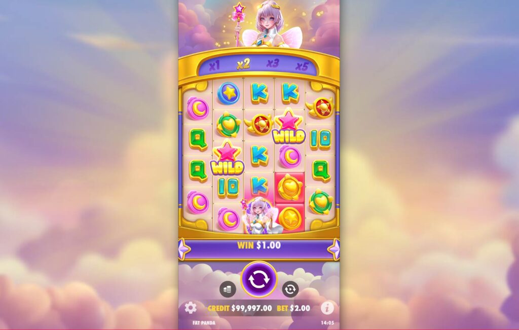 Starlight Wins slot main game screen with 5x6 reel layout and anime princess character.