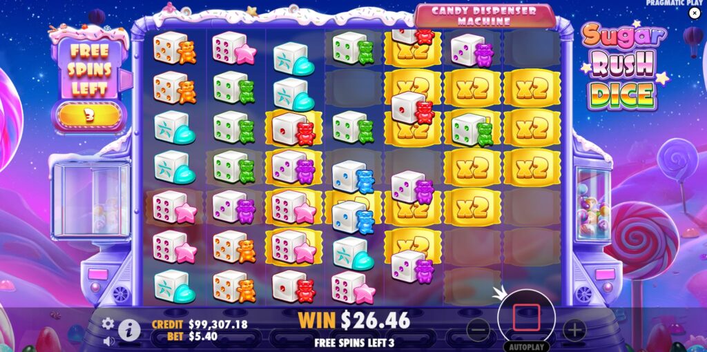 Gameplay during the Sugar Rush Dice Free Spins round, showing persistent multiplier spots.