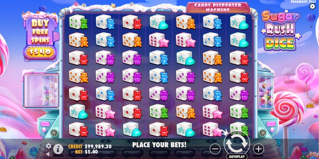 Sugar Rush Dice slot main game screen with 7x7 grid and candy symbols by Pragmatic Play.
