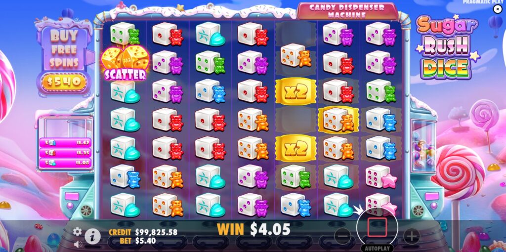 Winning cluster with active Multiplier Spots feature in Sugar Rush Dice online slot.