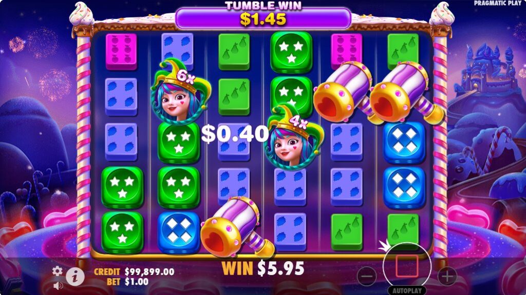 Sweet Bonanza Dice Free Spins round with a Jester Girl multiplier symbol visible on the reels.
